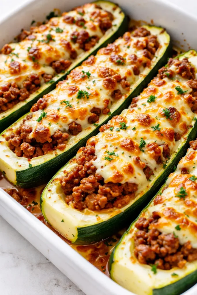 Hearty ground beef zucchini boats filled with savory meat and melted cheese, golden brown and garnished with fresh parsley.