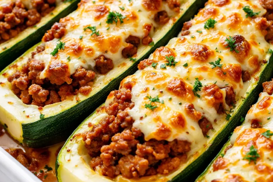 Hearty ground beef zucchini boats filled with savory meat and melted cheese, golden brown and garnished with fresh parsley.
