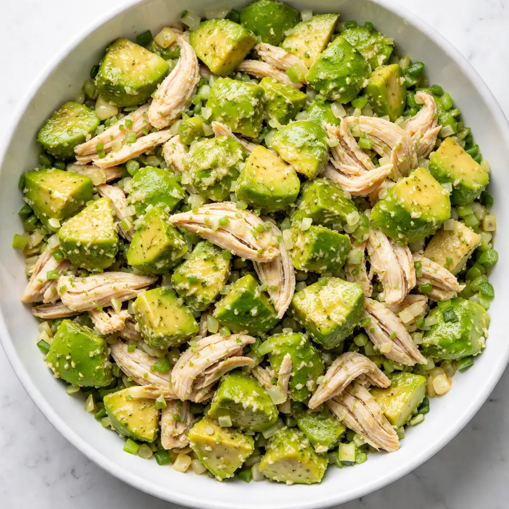 Chopped avocado and chicken mixed with fresh herbs and lemon juice in a bowl, creamy green texture with no mayo.
