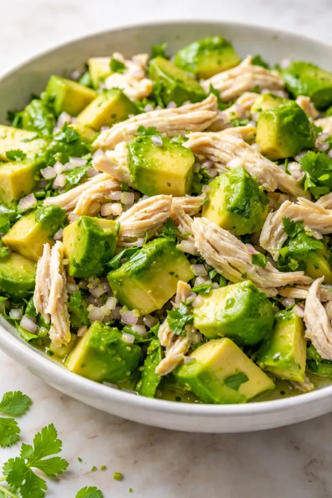 Creamy avocado chicken salad with fresh greens and cherry tomatoes in a white bowl, vibrant green and white chunks against a wooden table.