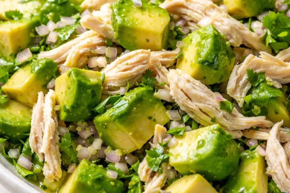Creamy avocado chicken salad with fresh greens and cherry tomatoes in a white bowl, vibrant green and white chunks against a wooden table.
