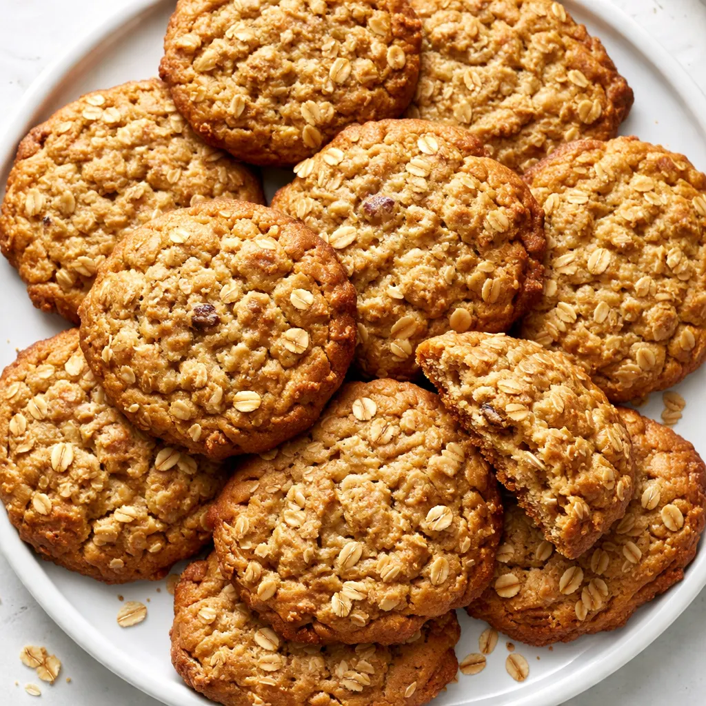 Stack of chewy banana oatmeal cookies on a cooling rack, golden brown with soft centers and oat flecks.