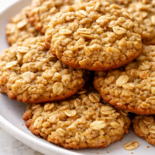 Chewy healthy banana oatmeal cookies stacked on a plate, golden brown with visible oats.
