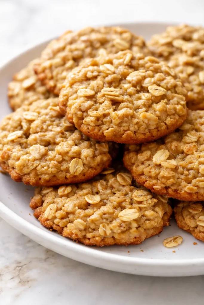 Chewy healthy banana oatmeal cookies stacked on a plate, golden brown with visible oats.