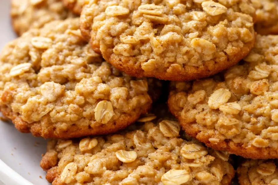 Chewy healthy banana oatmeal cookies stacked on a plate, golden brown with visible oats.