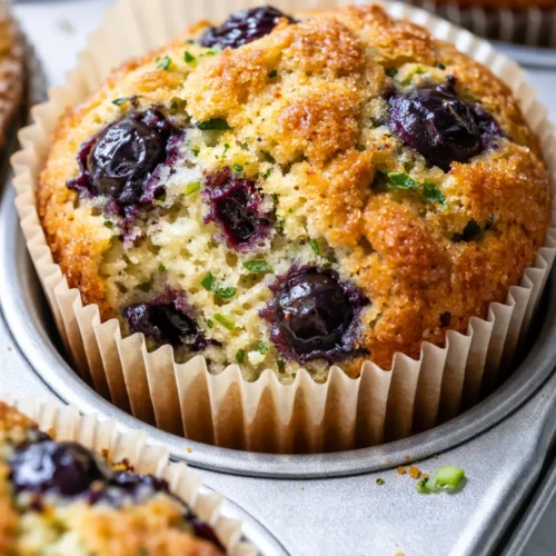 Moist healthy blueberry zucchini muffins with golden tops and juicy blueberry pieces on a wooden surface.