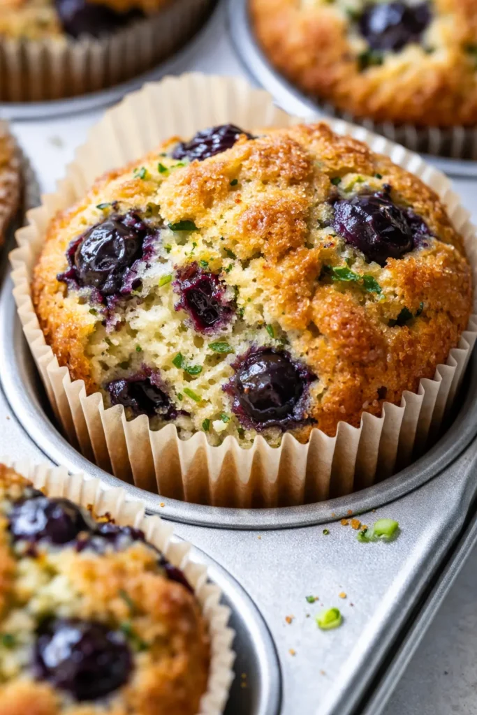 Moist healthy blueberry zucchini muffins with golden tops and juicy blueberry pieces on a wooden surface.