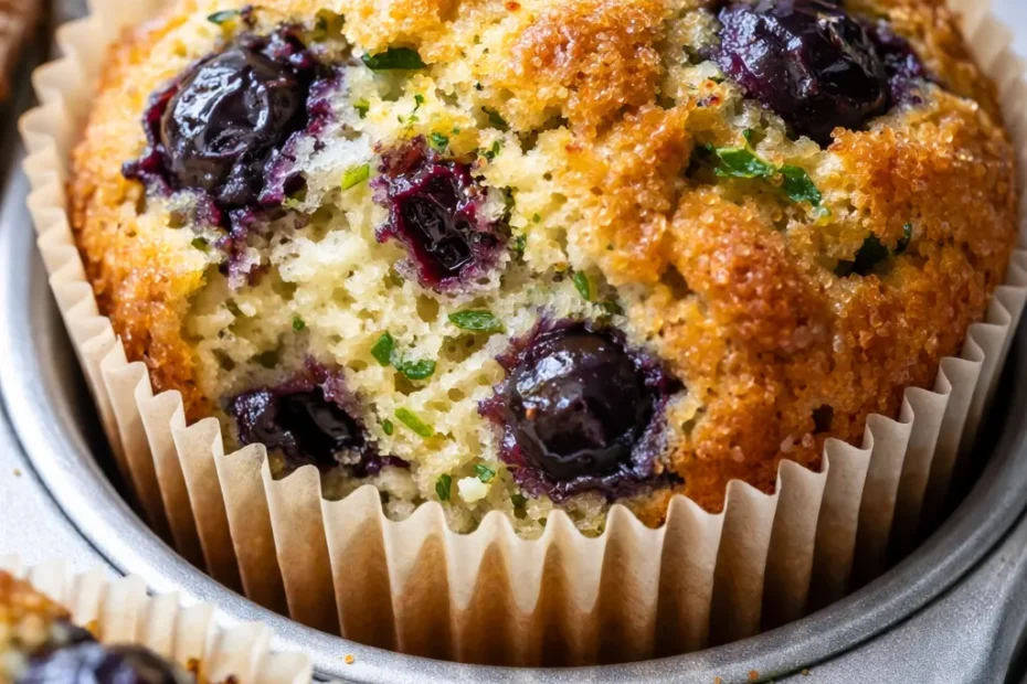 Moist healthy blueberry zucchini muffins with golden tops and juicy blueberry pieces on a wooden surface.