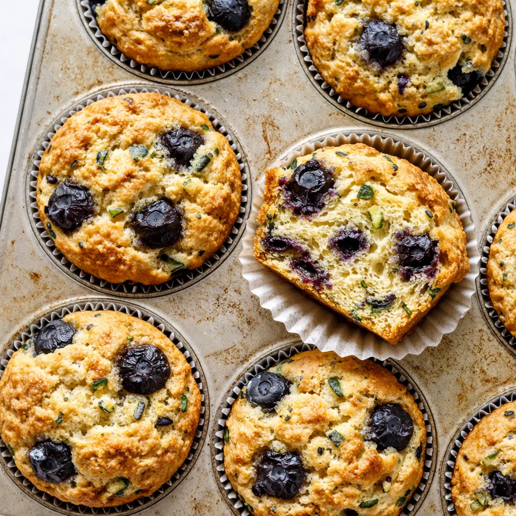 Shredded green zucchini and fresh blueberries being folded into healthy blueberry zucchini muffin batter.
