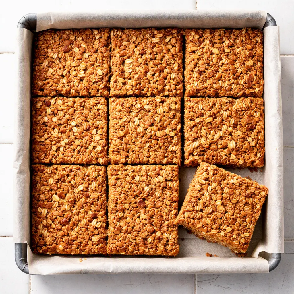 Healthy breakfast cereal bars mixture pressed into a baking pan, golden oats and nuts with a firm, crumb-free texture.