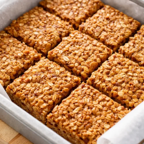 Healthy breakfast cereal bars stacked on a rustic plate, golden oat texture with dried fruit and nut pieces.