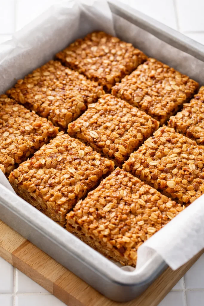 Healthy breakfast cereal bars stacked on a rustic plate, golden oat texture with dried fruit and nut pieces.