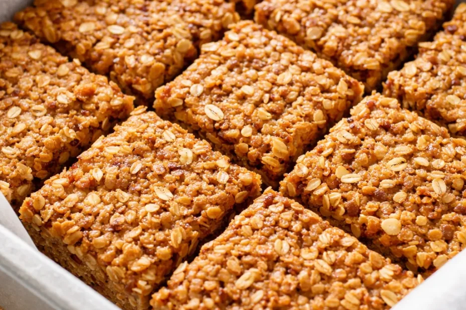 Healthy breakfast cereal bars stacked on a rustic plate, golden oat texture with dried fruit and nut pieces.