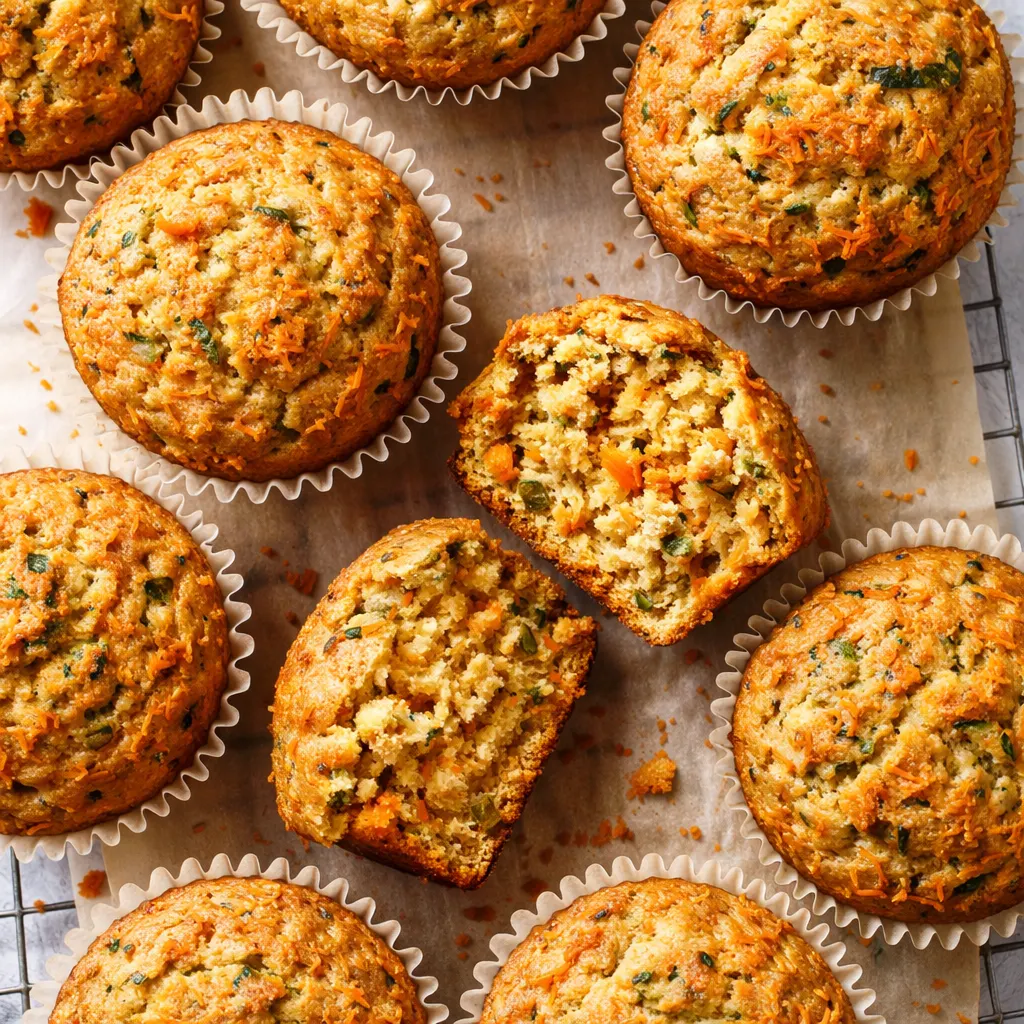 Moist healthy carrot zucchini muffins with tender crumb, flecked with orange carrot and green zucchini, golden brown tops.
