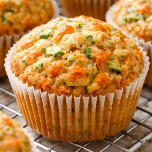 Moist healthy carrot zucchini muffins with golden brown tops, showing visible carrot and zucchini shreds on a cooling rack.