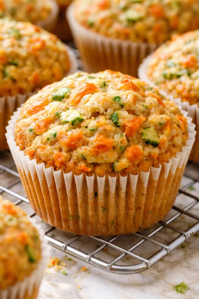 Moist healthy carrot zucchini muffins with golden brown tops, showing visible carrot and zucchini shreds on a cooling rack.