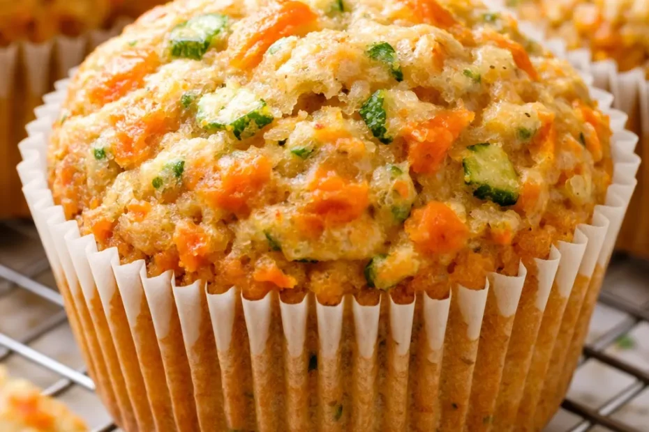 Moist healthy carrot zucchini muffins with golden brown tops, showing visible carrot and zucchini shreds on a cooling rack.