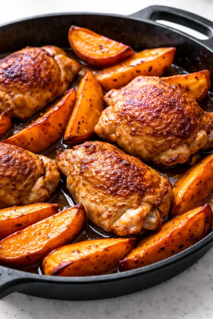 Juicy chicken thighs and roasted sweet potato wedges on a sheet pan, golden-brown and seasoned with herbs for a healthy one-pan meal.