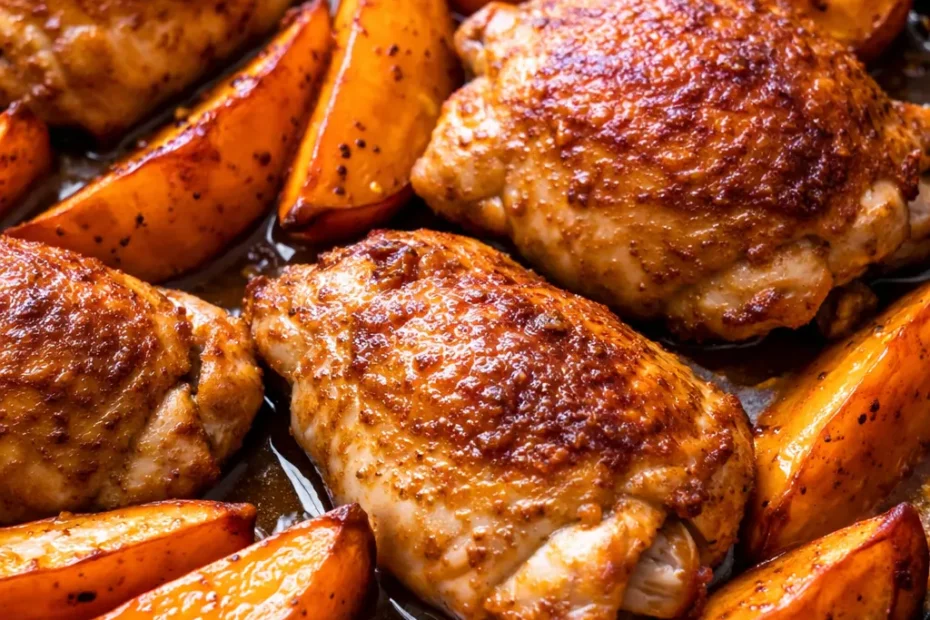 Juicy chicken thighs and roasted sweet potato wedges on a sheet pan, golden-brown and seasoned with herbs for a healthy one-pan meal.