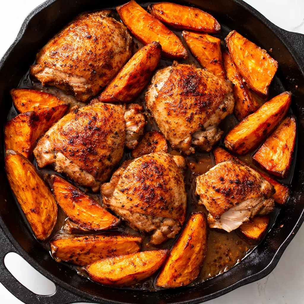 Chicken and sweet potato pieces cooking in one pan with herbs, showing golden color and juicy texture for a healthy one-pan recipe.
