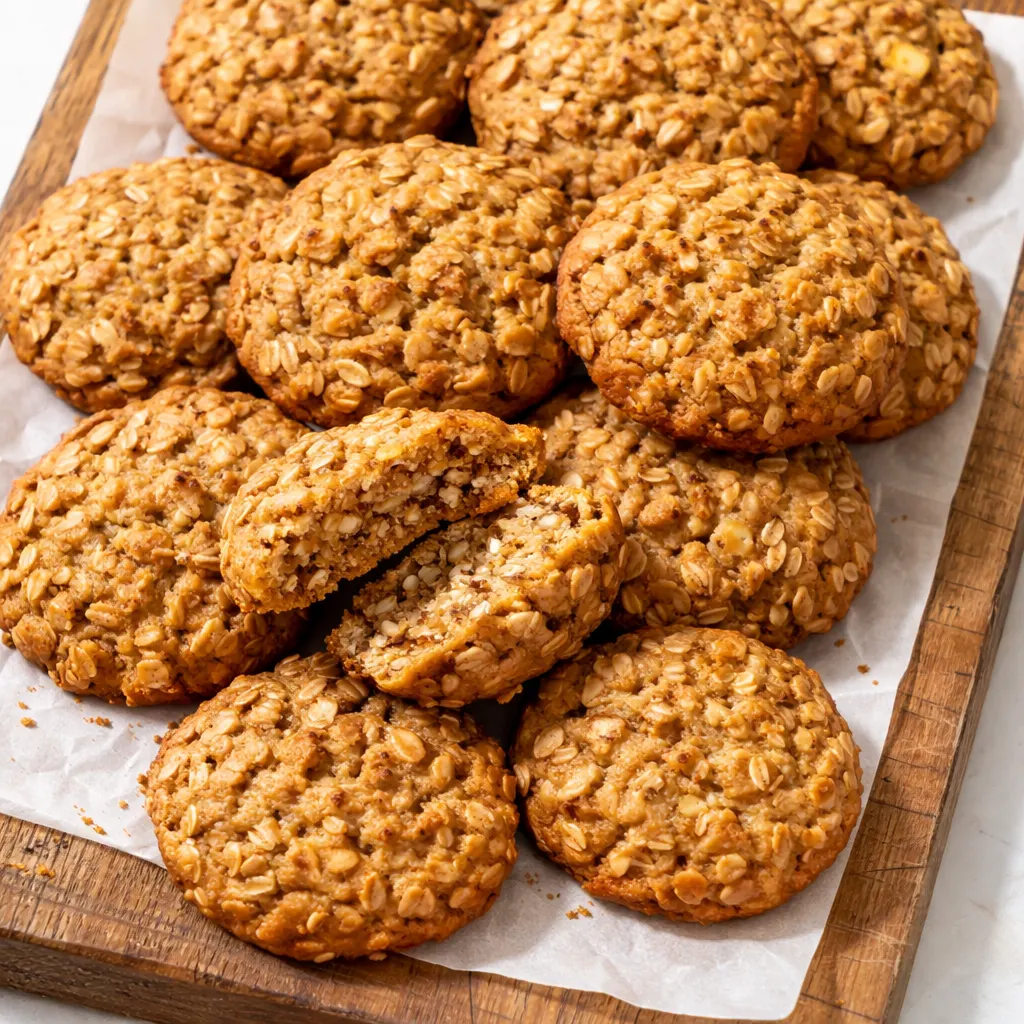 Stack of golden brown healthy oatmeal breakfast cookies with visible oats, chocolate chips, and a soft chewy texture on a rustic wooden plate.