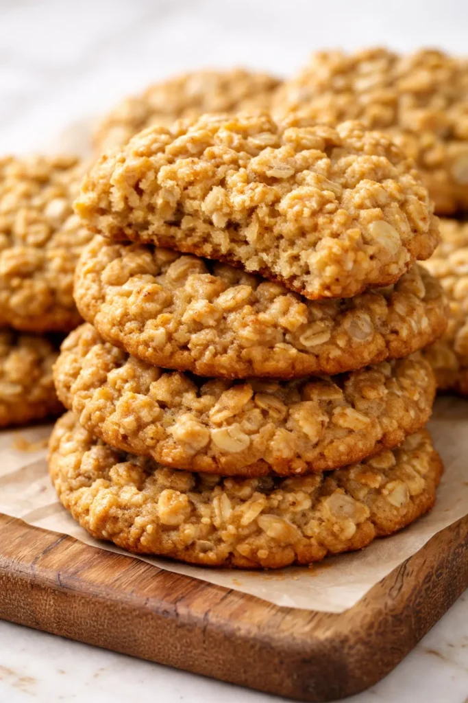 Stack of healthy oatmeal breakfast cookies with chocolate chips, golden brown edges, and chewy texture on a white plate.