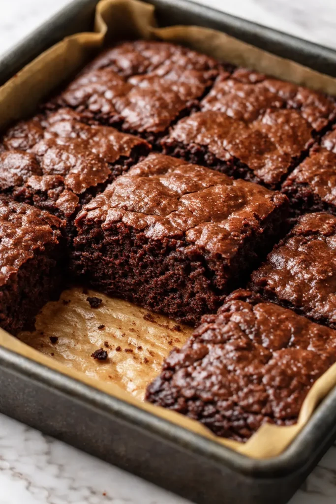 Fudgy healthy zucchini brownies with a rich chocolate color and moist, gooey texture, cut into squares on a plate.