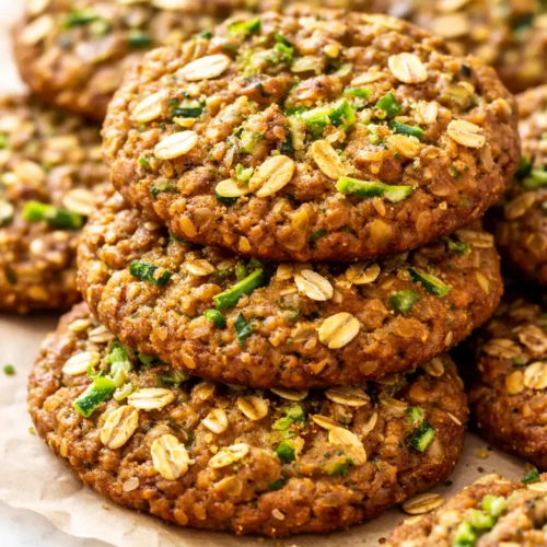 Golden brown zucchini oatmeal cookies stacked on a plate, with a soft chewy texture and visible oatmeal flakes.