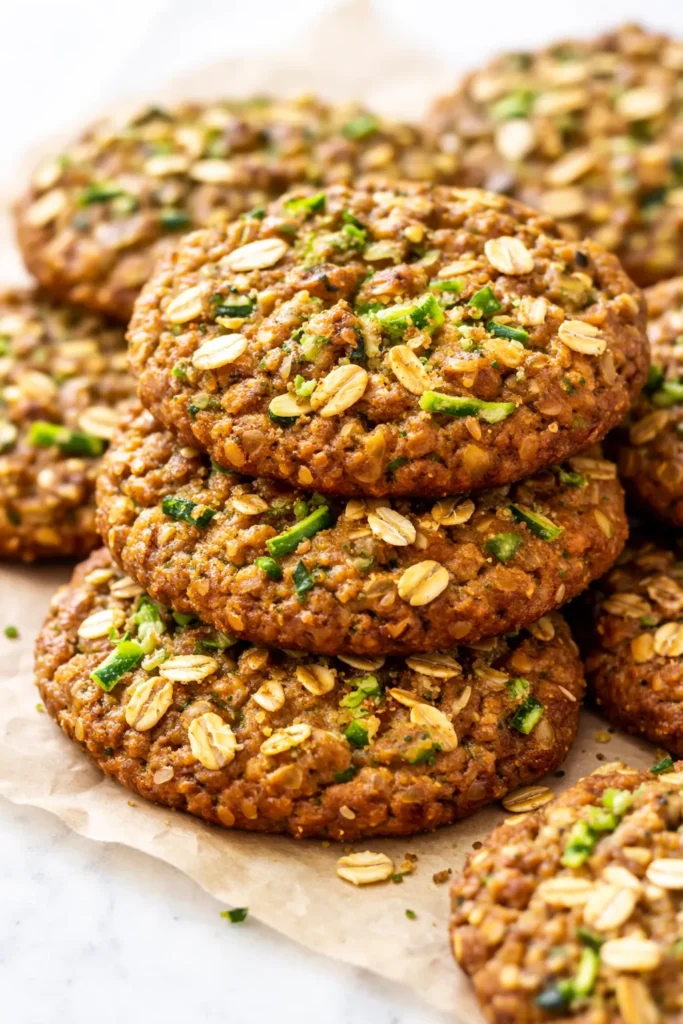 Golden brown zucchini oatmeal cookies stacked on a plate, with a soft chewy texture and visible oatmeal flakes.