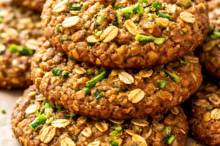 Golden brown zucchini oatmeal cookies stacked on a plate, with a soft chewy texture and visible oatmeal flakes.