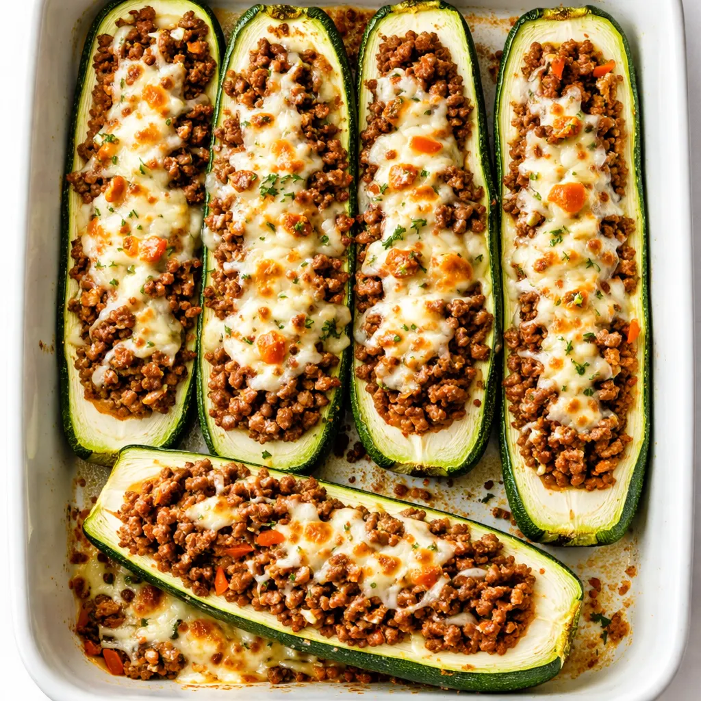Golden brown ground beef and melted cheese inside tender green zucchini boats, topped with fresh parsley.