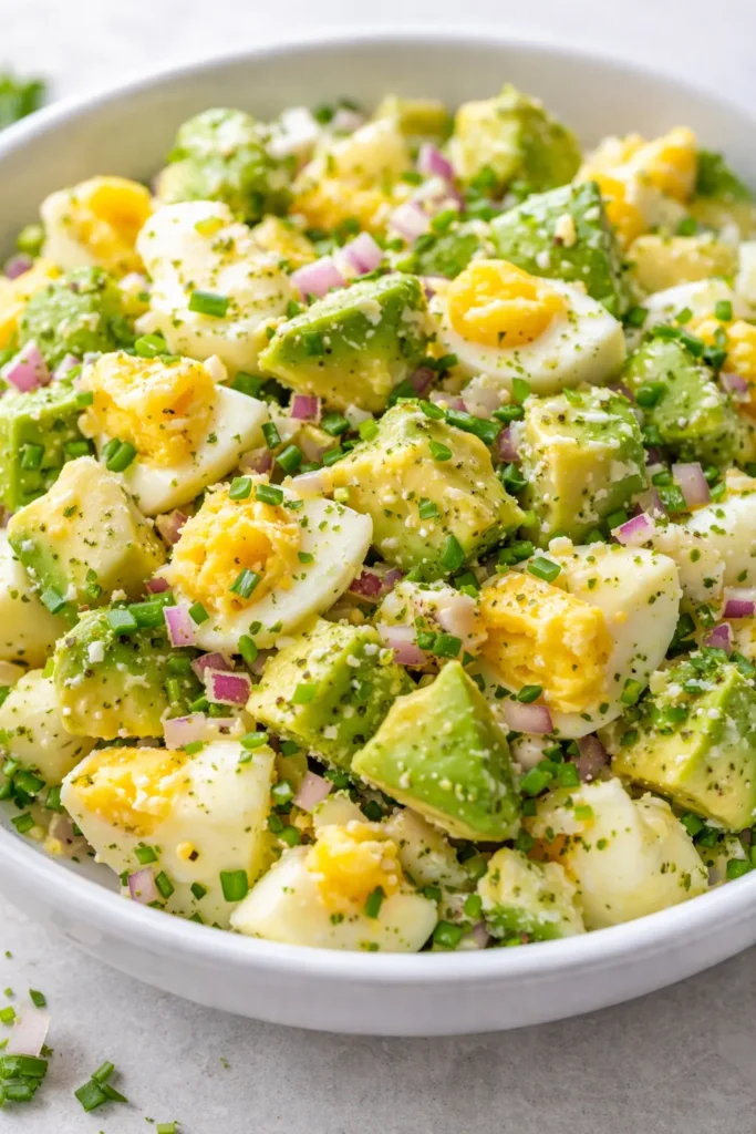 Creamy high protein avocado egg salad with chunky avocado pieces and sliced eggs, sprinkled with black pepper and fresh chives on a white plate.
