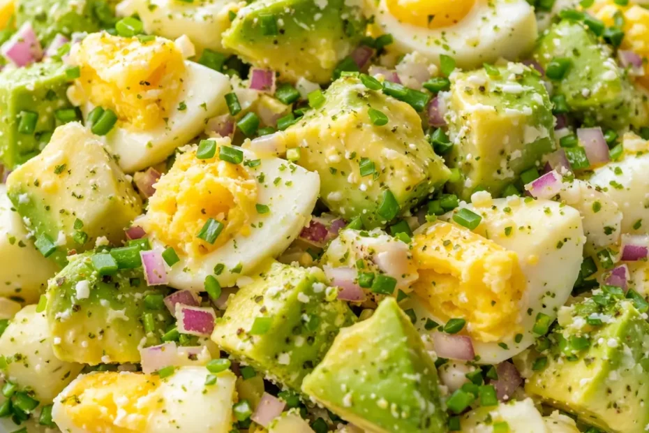 Creamy high protein avocado egg salad with chunky avocado pieces and sliced eggs, sprinkled with black pepper and fresh chives on a white plate.