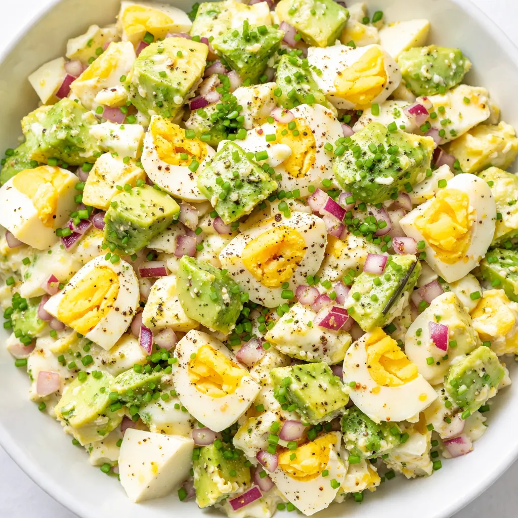 mashing ripe avocado with hard-boiled eggs in a bowl for a creamy no-mayo egg salad
