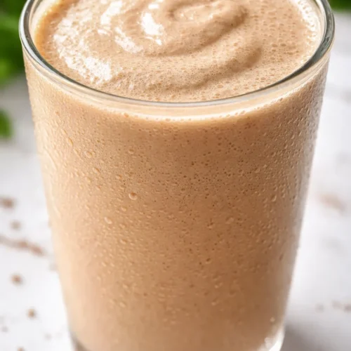 Rich and creamy high-protein coffee milkshake with a thick frothy top, sprinkled with dark chocolate shavings, in a tall glass.