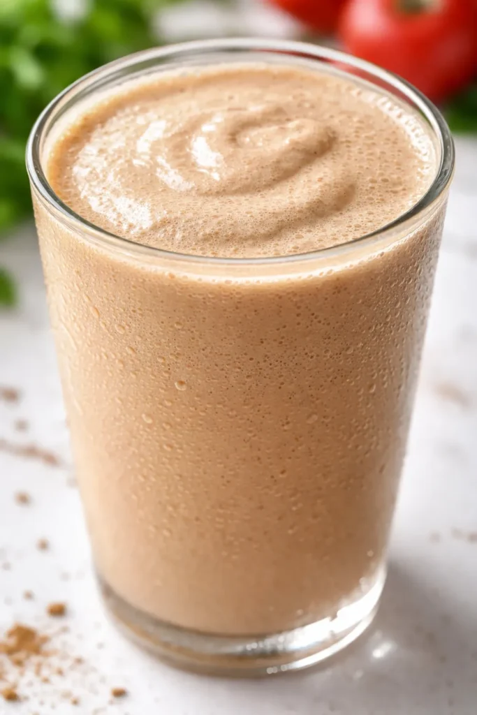 Rich and creamy high-protein coffee milkshake with a thick frothy top, sprinkled with dark chocolate shavings, in a tall glass.