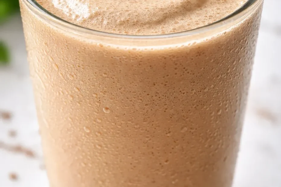 Rich and creamy high-protein coffee milkshake with a thick frothy top, sprinkled with dark chocolate shavings, in a tall glass.