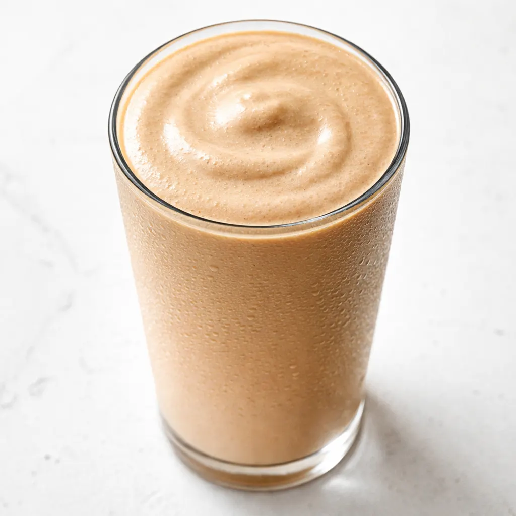 A tall glass of creamy high protein coffee milkshake topped with whipped cream and espresso, dark brown with frothy texture.