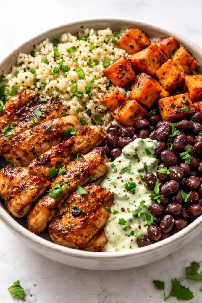 High protein freezer friendly bowl filled with grilled chicken, black beans, quinoa, and colorful vegetables.