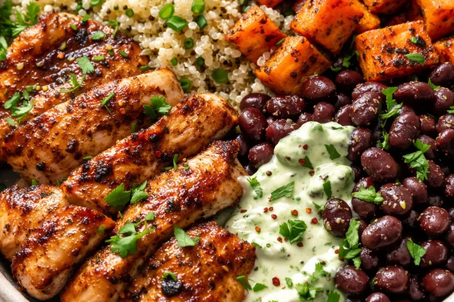 High protein freezer friendly bowl filled with grilled chicken, black beans, quinoa, and colorful vegetables.