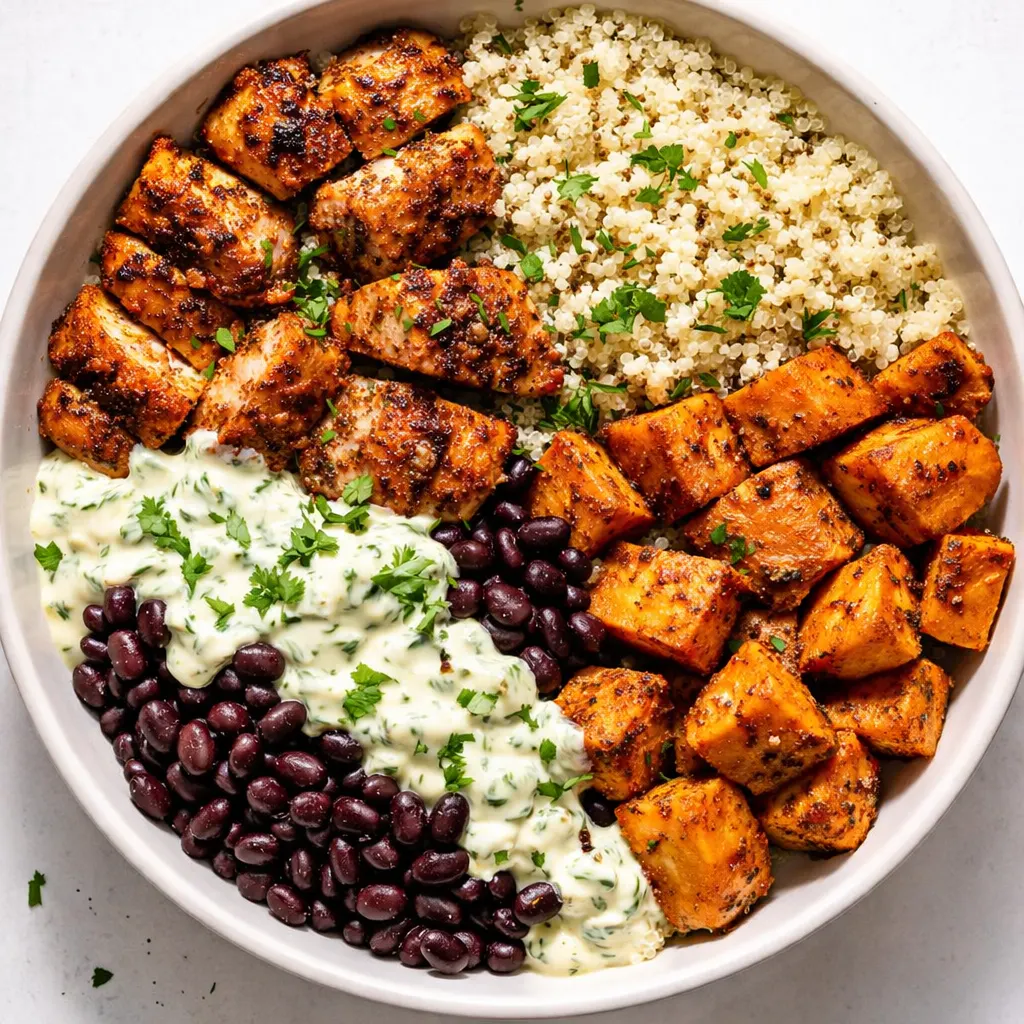 Layering black beans, grilled chicken, and quinoa in a meal prep container for high protein freezer friendly bowls.