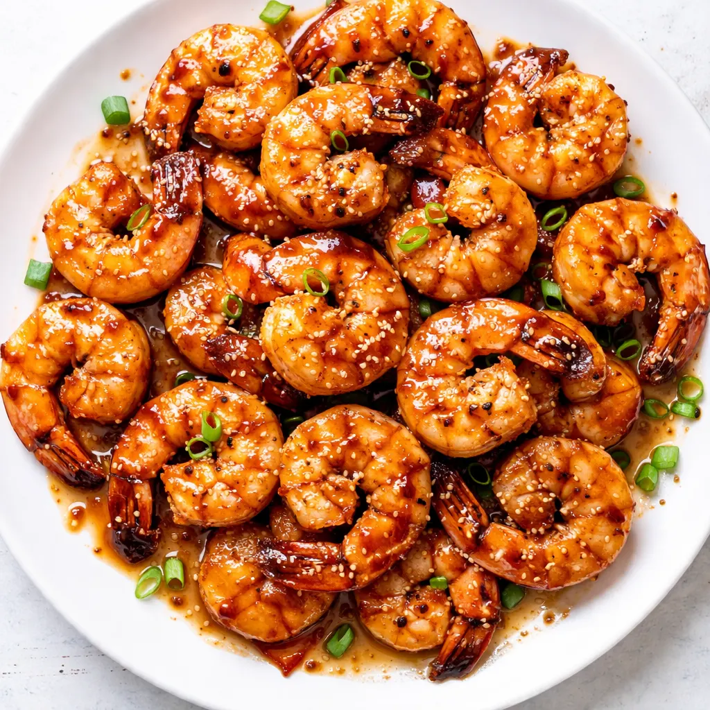 Juicy high-protein honey garlic shrimp sizzling in a skillet with a glossy sauce, garlic cloves, and sliced green onions, edges crisp and not soggy