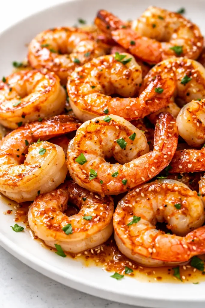 Glossy golden-brown honey garlic shrimp with a sticky glaze, sprinkled with sesame seeds and sliced green onions, on a white plate.
