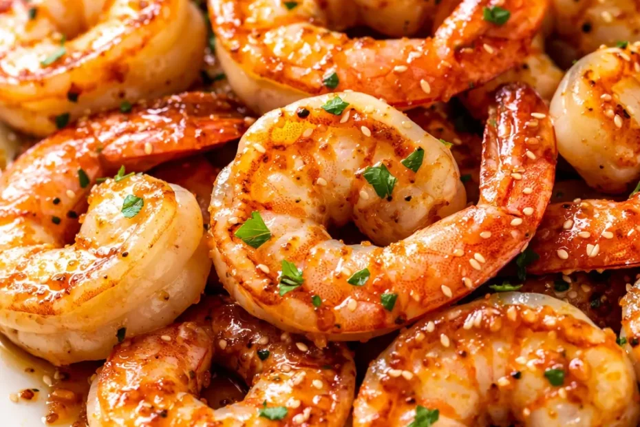 Glossy golden-brown honey garlic shrimp with a sticky glaze, sprinkled with sesame seeds and sliced green onions, on a white plate.