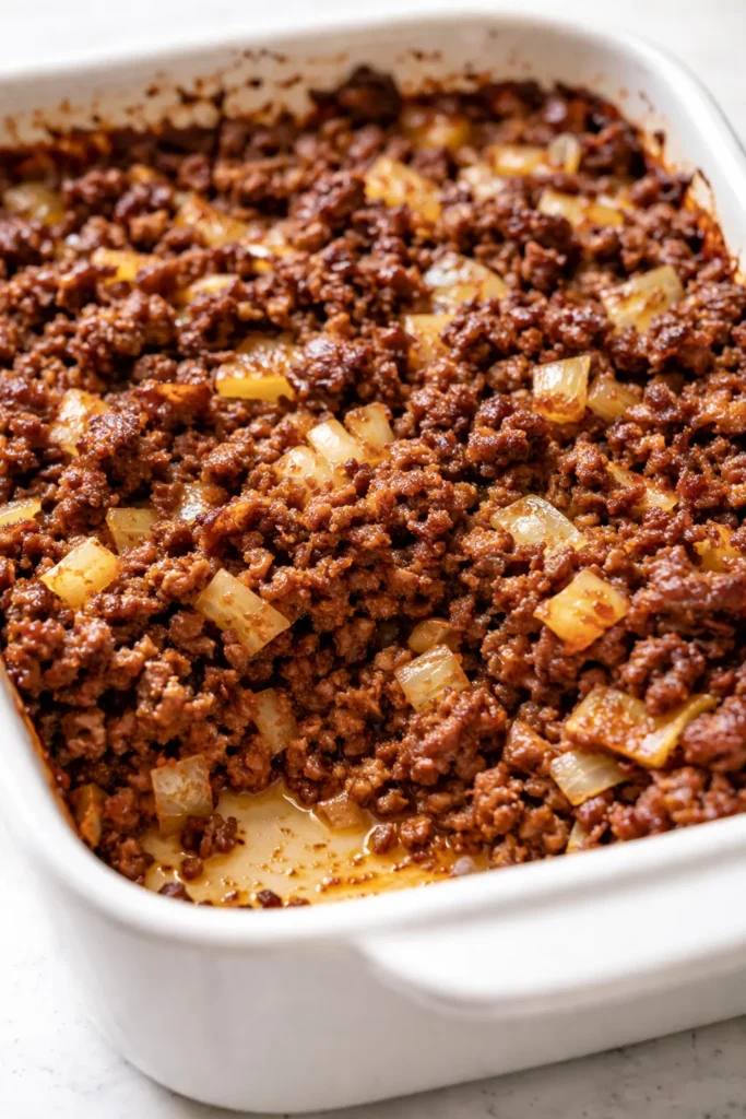Hearty hobo casserole with ground beef, melted cheddar cheese, and tender vegetables, golden brown and bubbly in a baking dish.