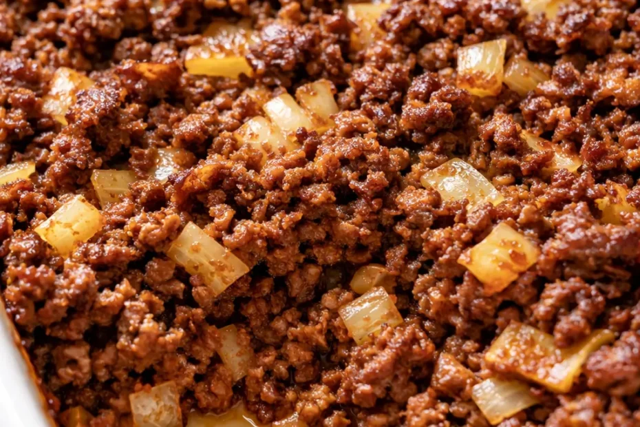 Hearty hobo casserole with ground beef, melted cheddar cheese, and tender vegetables, golden brown and bubbly in a baking dish.