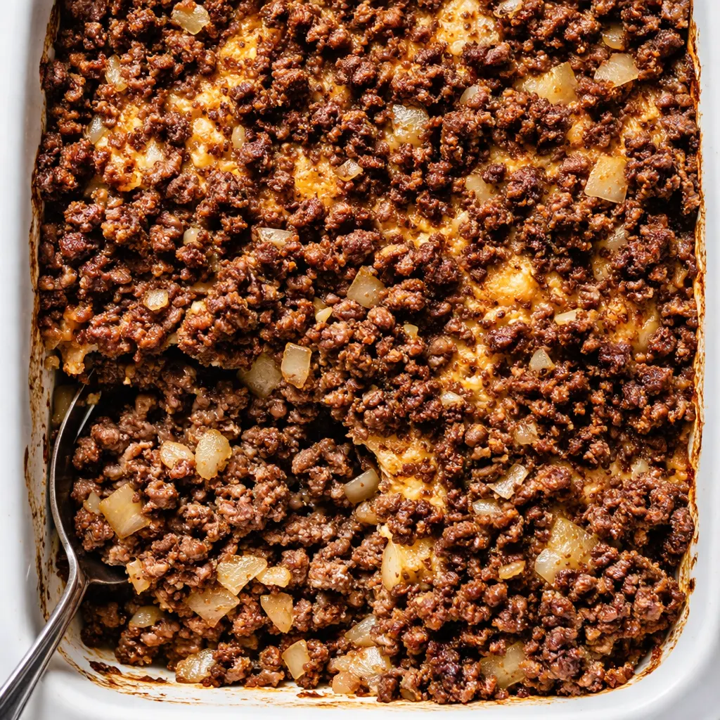 Browning ground beef with onions and garlic in a skillet for hobo casserole, showing rich golden color and texture.