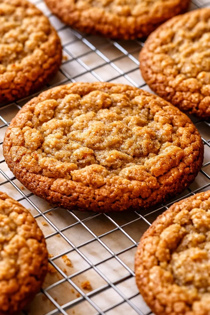 Chewy homemade Biscoff oatmeal cookies, golden brown with oat specks and cookie butter chunks, stacked on a plate.
