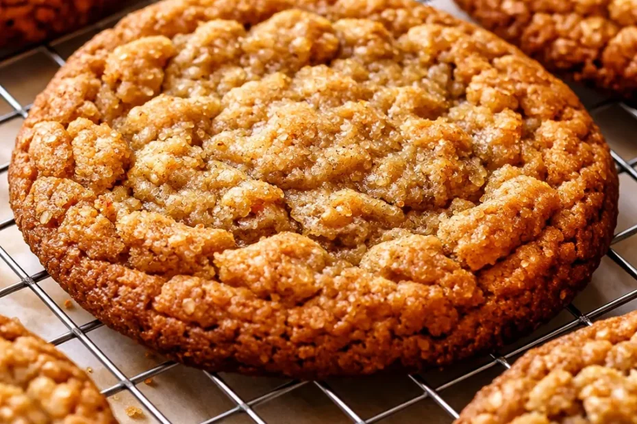 Chewy homemade Biscoff oatmeal cookies, golden brown with oat specks and cookie butter chunks, stacked on a plate.