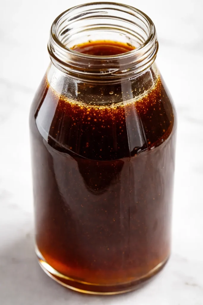 Rich amber homemade chai syrup, thick and glossy, with cinnamon sticks and star anise in a glass jar.
